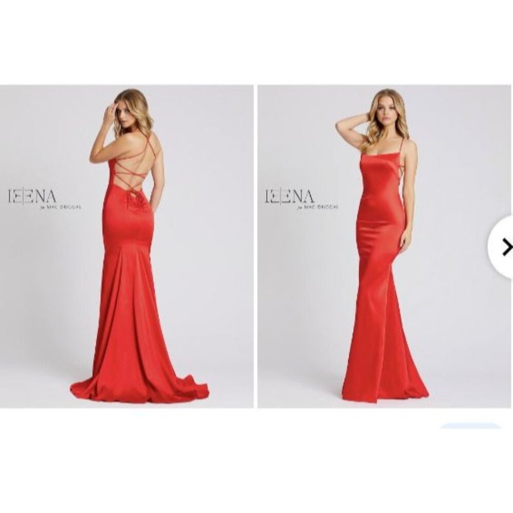 Ieena Dress Mac Womens  8 Red Lace Up Strapy Back Dress Long Formal Gown **FLAW*